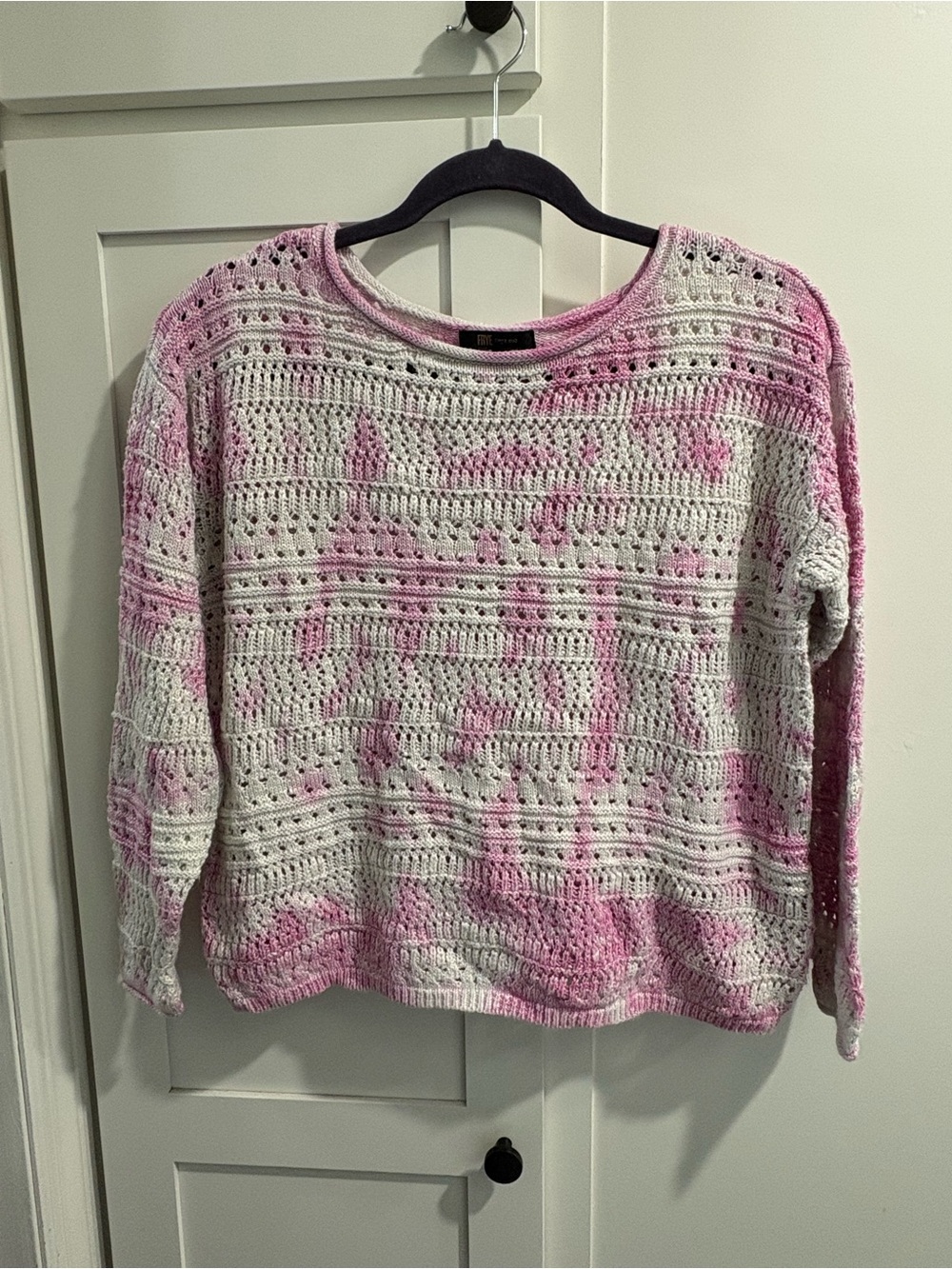 Frye Pink & White Crochet Open-Knit Crewneck Sweater